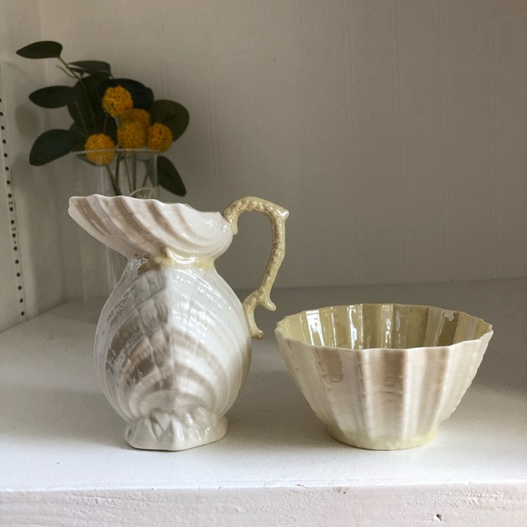 Vintage > Belleek 4th Green Mark Double Shell Creamer & Sugar Bowl